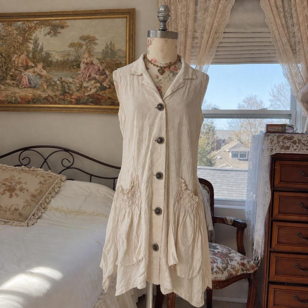 cream linen dress  boho button down midi flowy sleeveless l
